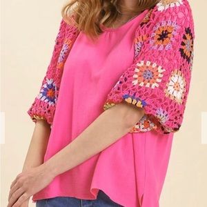 Bubblegum Pink Crochet Sleeve Top - medium